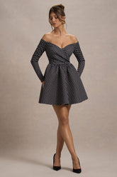 Black Polka Dot Bardot Long-Sleeve Mini Dress
